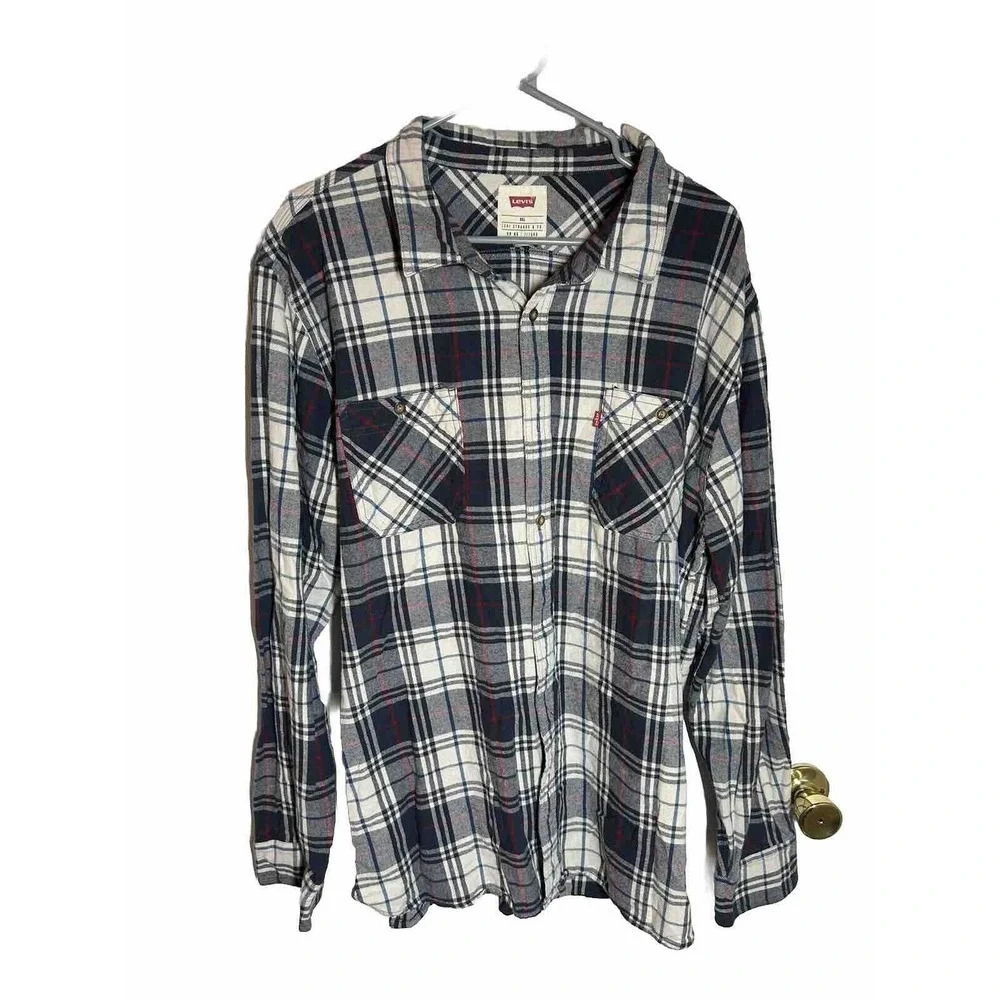 Levi's Men's Blue White Red Plaid Collared Button-Down Shirt Size XXL